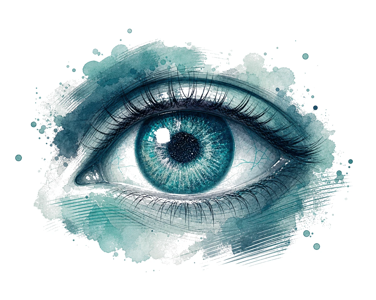 Watercolour illustration of a teal eye — DryCheck dry eye screening